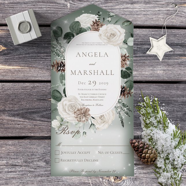 Rustic Winter Floral Green Sparkle No Dinner All In One Invitation (Creator Uploaded)