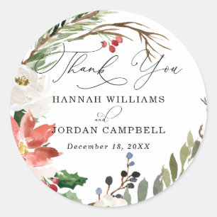 Rustic Winter Floral   Wedding Thank You Classic Round Sticker
