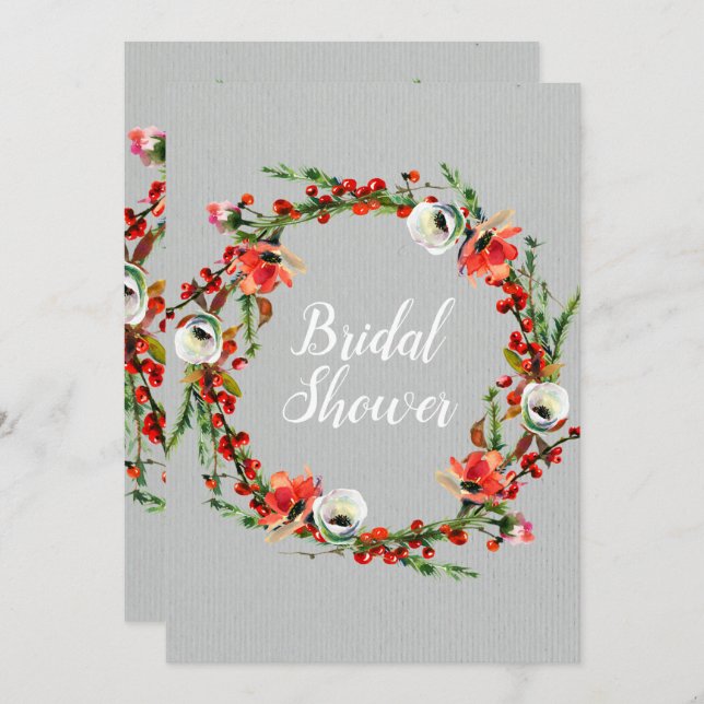 Rustic Winter Floral Wreath Modern Bridal Shower Invitation (Front/Back)