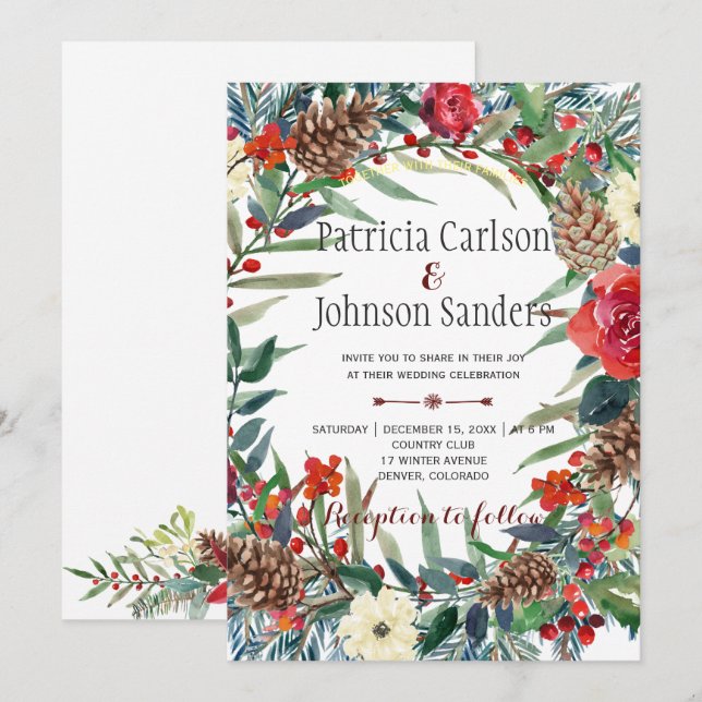 Rustic Winter Flowers and Berries | Burgundy Invitation (Front/Back)