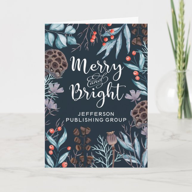 Rustic Winter Foliage Berries Merry and Bright Holiday Card (Front)
