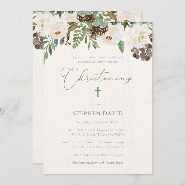 Rustic Winter Foliage Boy Christening Ceremony Invitation (Front/Back)