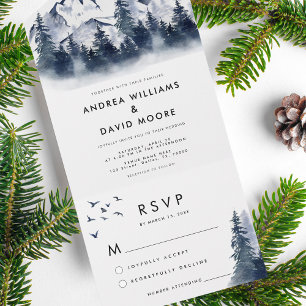 Rustic Winter Forest All in One Blue Wedding Invitation