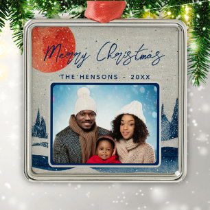 Rustic Winter Forest Moon Family Photo Christmas Metal Ornament