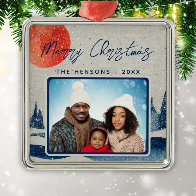 Rustic Winter Forest Moon Family Photo Christmas Metal Ornament (Creator Uploaded)