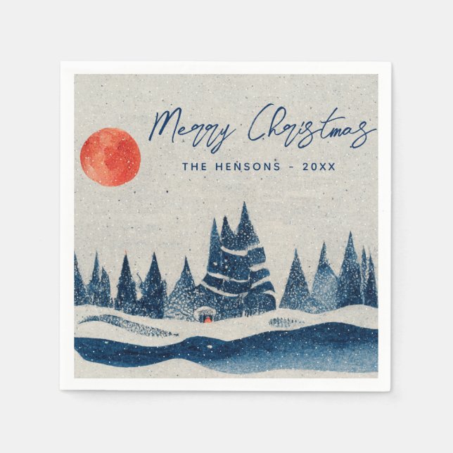 Rustic Winter Forest Moon Family Photo Christmas Napkin (Front)