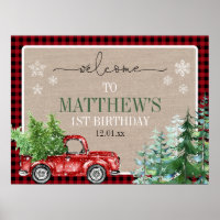 Rustic Winter Forest Red Truck Birthday Welcome