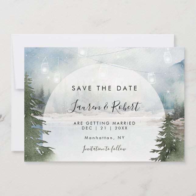 Rustic winter forest Save the Date card invitation (Front)
