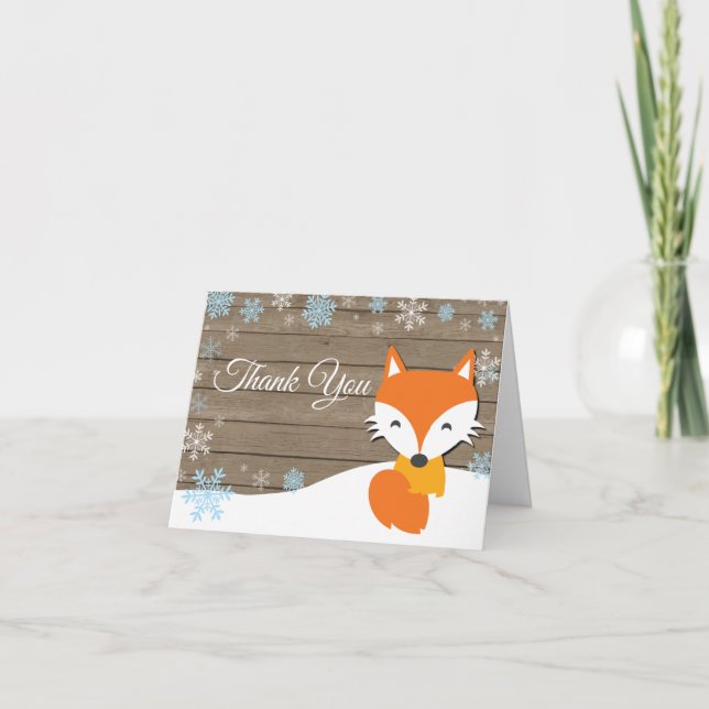 Rustic Winter Fox Snowflake Blue Thank You Card (Front)