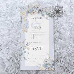 Rustic Winter Frosty Blue & White Floral Dinner All In One Invitation