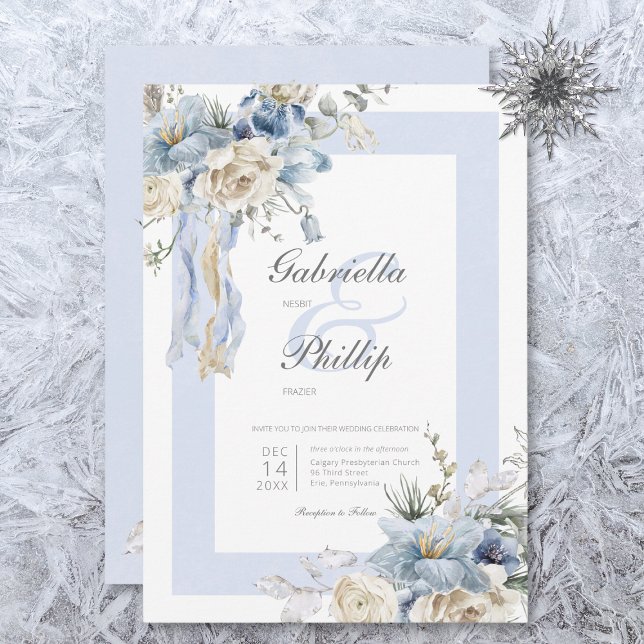 Rustic Winter Frosty Blue & White Floral Wedding Invitation (Creator Uploaded)