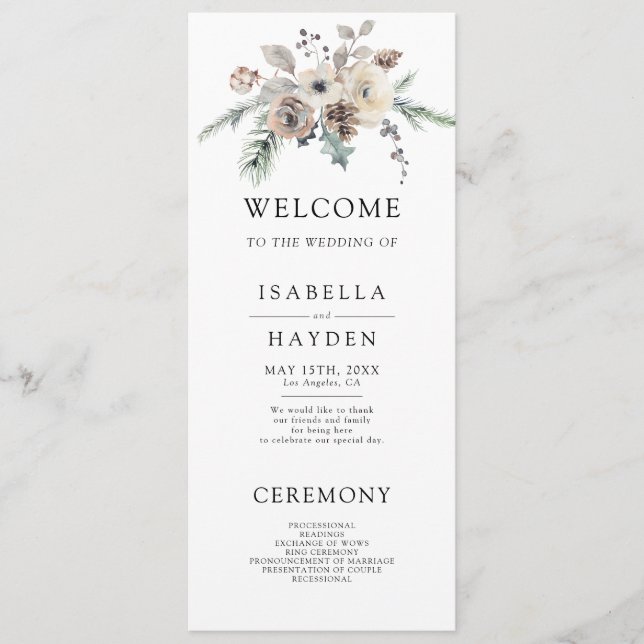 Rustic Winter Garden Simple Pine Floral  Wedding Program (Front)