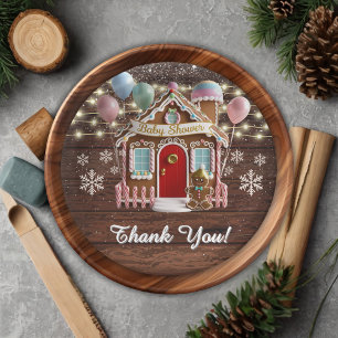 Rustic Winter Gingerbread House Baby Shower Paper Plate