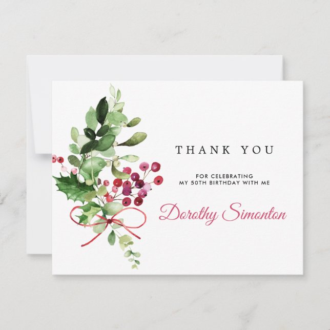 Rustic Winter Greenery 50th Birthday Thank You Card (Front)