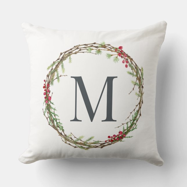 Rustic Winter Greenery Berries Monogram Wreath Cushion (Front)