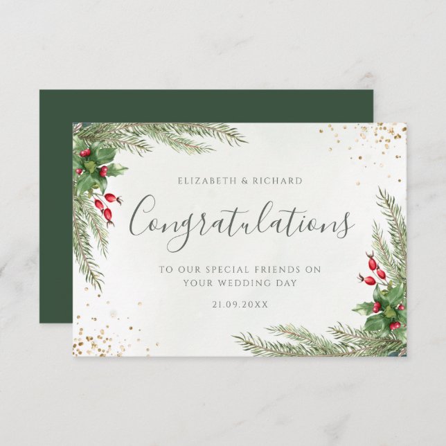 Rustic Winter Greenery Berries Pine Cone Wedding Card (Front/Back)