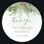 Rustic Winter Greenery Berries Pine Cone Wedding Classic Round Sticker<br><div class="desc">Express your gratitude to your guests in a festive way with these winter greenery thank you stickers. These self-adhesive stickers feature a charming design of pine branches and berries, adding a touch of holiday cheer to your wedding favours, bomboniere, or thank you cards. Personalise the stickers with the names of...</div>
