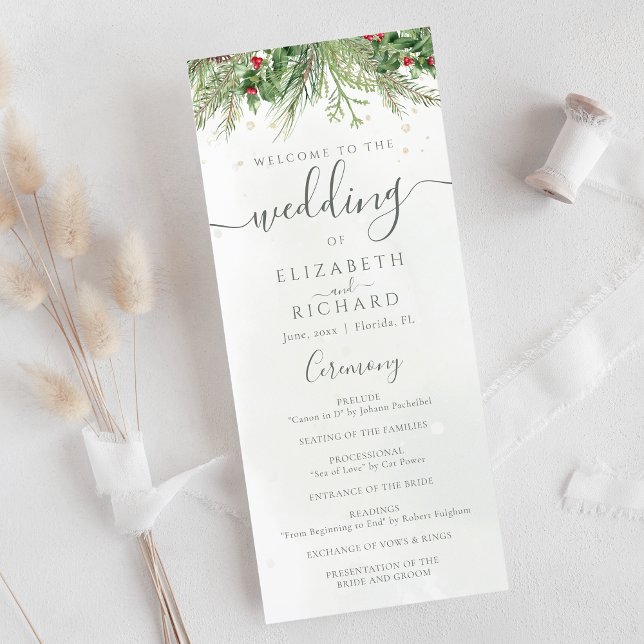 Rustic Winter Greenery Berries Pine Cone Wedding Program (Creator Uploaded)