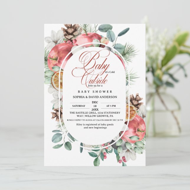 Rustic Winter Greenery Cold Outside Baby Shower  Invitation (Standing Front)
