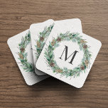 Rustic Winter Greenery Monogram Initial Wreath Coaster<br><div class="desc">Elegant hard plastic holiday beverage coaster design features a rustic chic white wood grain background with a wreath of winter watercolor greenery framing a family / last name monogram initial.</div>