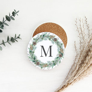 Rustic Winter Greenery Monogram Initial Wreath Coaster