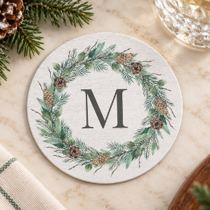 Rustic Winter Greenery Monogram Initial Wreath Round Paper Coaster
