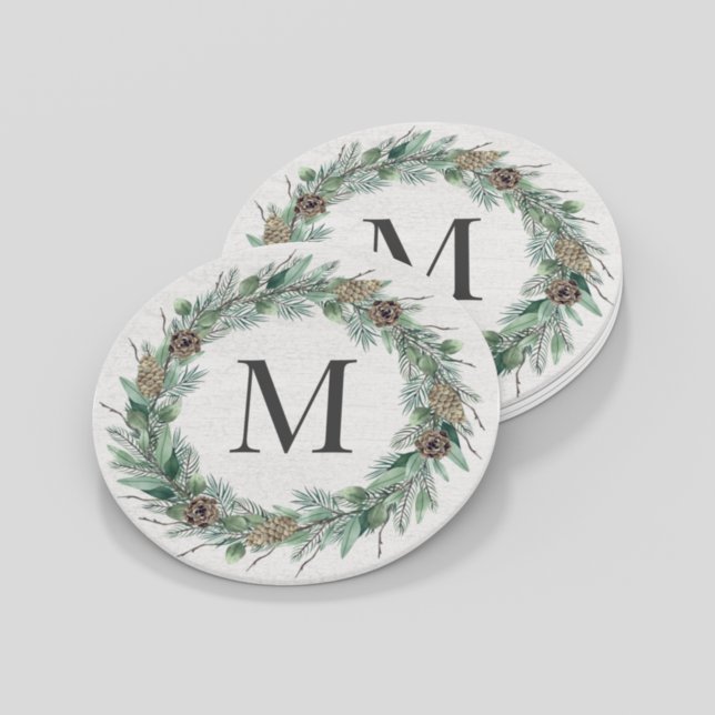 Rustic Winter Greenery Monogram Initial Wreath Round Paper Coaster (Creator Uploaded)