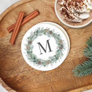 Rustic Winter Greenery Monogram Initial Wreath Round Paper Coaster