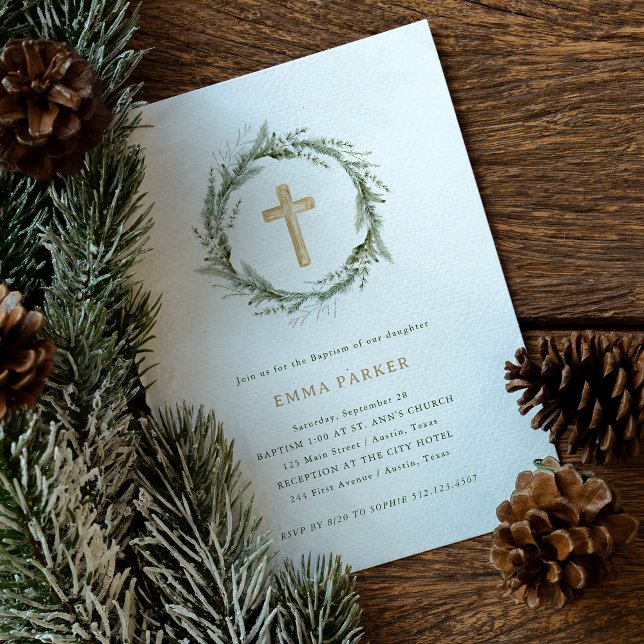 Rustic Winter Greenery | Wreath and Cross Baptism Invitation (The perfect simple and rustic Baptism invitation with winter greenery and a wood look cross)