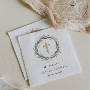 Rustic Winter Greenery   Wreath and Cross Baptism Napkin