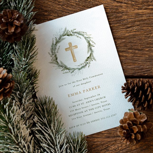 Rustic Winter Greenery Wreath First Holy Communion Invitation (Creator Uploaded)