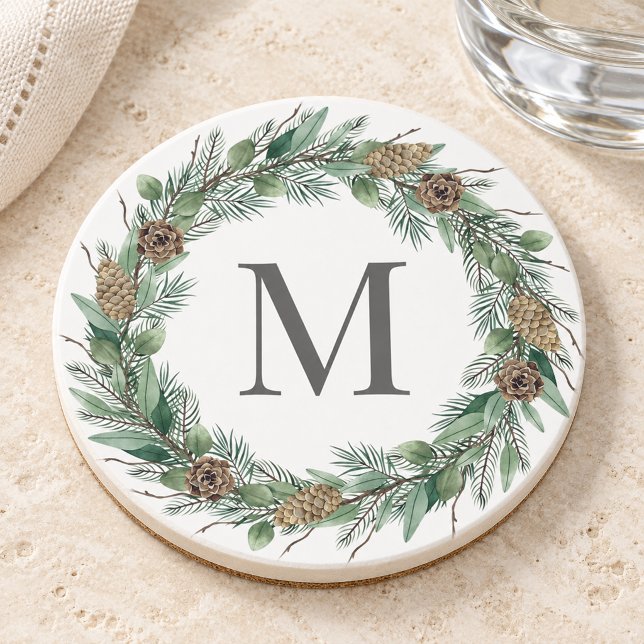 Rustic Winter Greenery Wreath Monogram Coaster (Creator Uploaded)