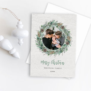 Rustic Winter Greenery Wreath White Wood Photo Holiday Card