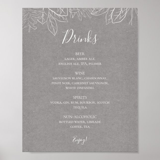 Rustic Winter | Grey Wedding Drinks Menu Sign (Front)