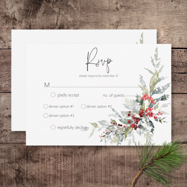 Rustic Winter Holly Berries & Snow Wedding RSVP Card (Rustic Winter Holly Berries & Snow Wedding Response Card with Dinner Options)