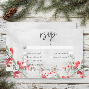 Rustic Winter Holly & Pine Wedding Dinner RSVP Card