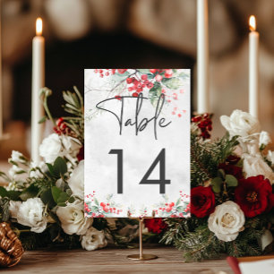Rustic Winter Holly & Pine Wedding Table Number