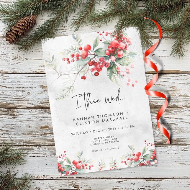 Rustic Winter Holly & Pine Wedding Two Sided Invitation (Rustic Holly & Pine All In One Wedding Invitation with Details on Back)