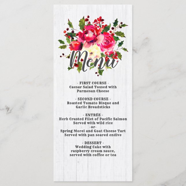 Rustic Winter Holly White Wood Wedding Menu (Front)
