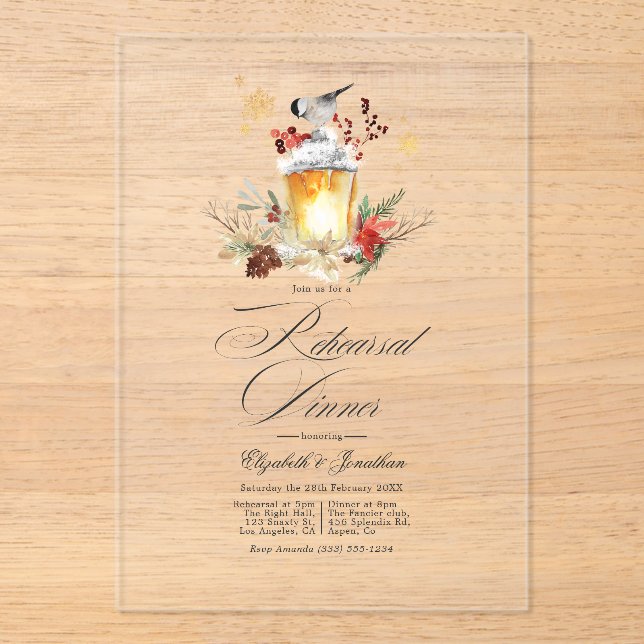Rustic Winter Lantern Transparent Rehearsal Dinner Acrylic Invitations (Front)