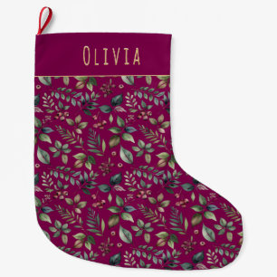 Rustic Winter Leaves and Berries Burgundy Large Christmas Stocking
