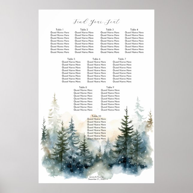 rustic winter misty trees wedding seating chart (Front)