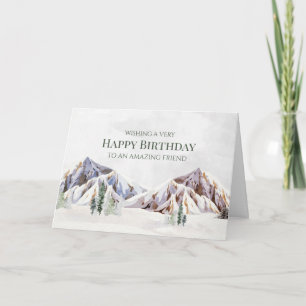 Rustic Winter Mountain Happy Birthday Friend Card