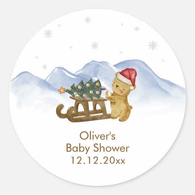 Rustic Winter Mountain Sleigh Bear Baby Shower  Classic Round Sticker (Front)