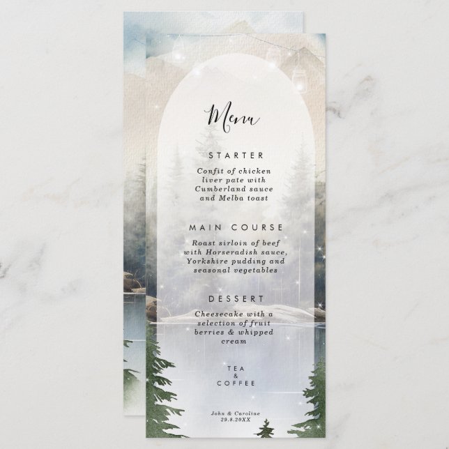 rustic winter mountain wedding menu cards (Front/Back)