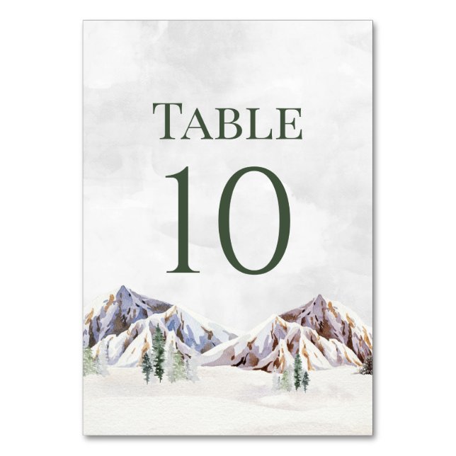 Rustic Winter Mountain Wedding Table Number Cards (Front)