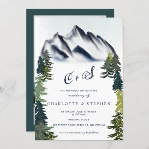 Rustic winter mountains forest photo wedding invitation