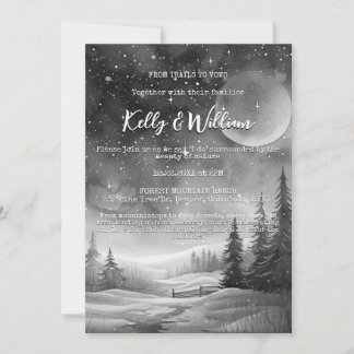 Rustic Winter Night Mountain Tree Outdoor Wedding  Invitation