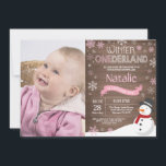 Rustic Winter Onederland 1st Birthday Invitation<br><div class="desc">Rustic Winter Onederland Snowman 1st Birthday Invitation with custom photo. Baby Girl. Pink and White Snowflake. First Birthday. Girl 1st Bday Invite. Rustic Wood Background. For further customisation,  please click the "Customise it" button and use our design tool to modify this template.</div>