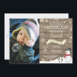 Rustic Winter Onederland 1st Birthday Invitation<br><div class="desc">Rustic Winter Onederland 1st Birthday Invitation with custom photo. Snowman and Penguin. Yellow and White Snowflake. First Birthday. Boy or Girl 1st Bday Invite. Rustic Wood Background. Black and White. For further customisation,  please click the "Customise it" button and use our design tool to modify this template.</div>